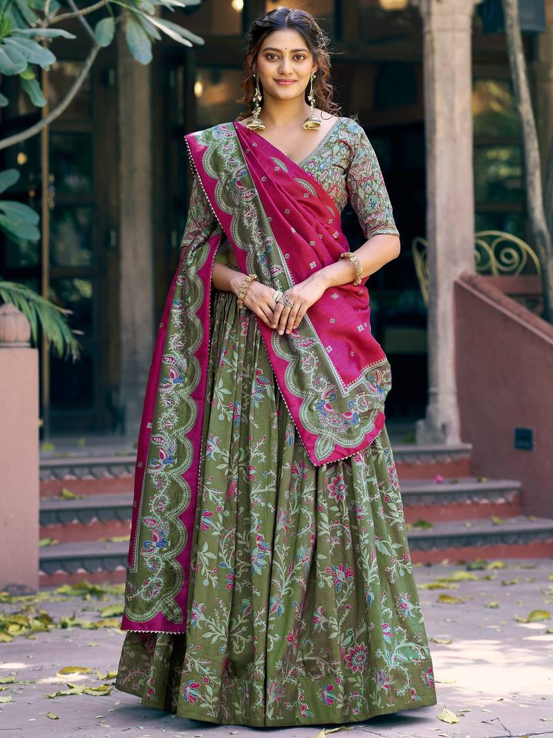 Glorious Bottle Green Printed Tussar Silk Mehendi Wear Lehenga Choli