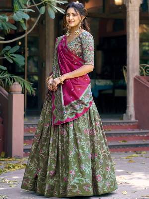 bottle green printed tussar silk lehenga choli 2