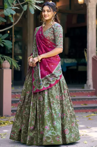 Glorious Bottle Green Printed Tussar Silk Mehendi Wear Lehenga Choli