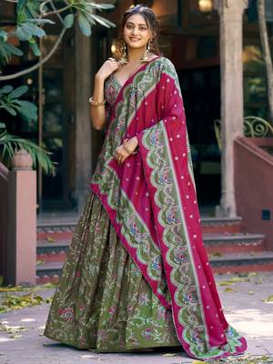bottle green printed tussar silk lehenga choli 3
