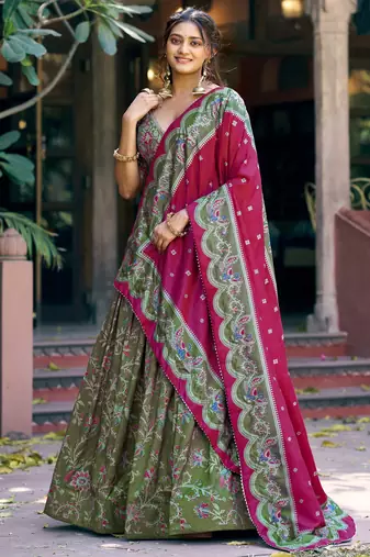 Glorious Bottle Green Printed Tussar Silk Mehendi Wear Lehenga Choli