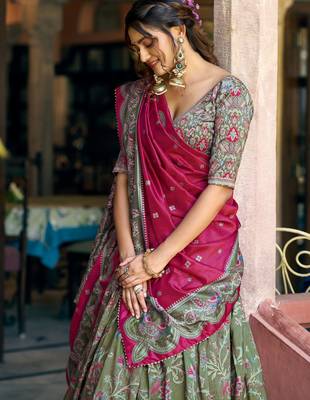 bottle green printed tussar silk lehenga choli 4