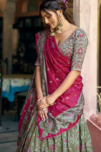 Glorious Bottle Green Printed Tussar Silk Mehendi Wear Lehenga Choli