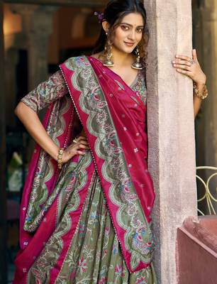 bottle green printed tussar silk lehenga choli 5