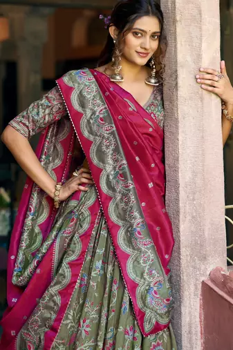 Glorious Bottle Green Printed Tussar Silk Mehendi Wear Lehenga Choli