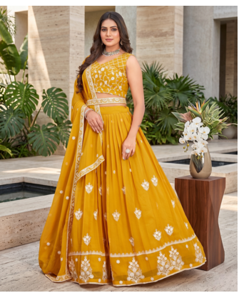 yellow sequins thread embroidered georgette lehenga choli 1
