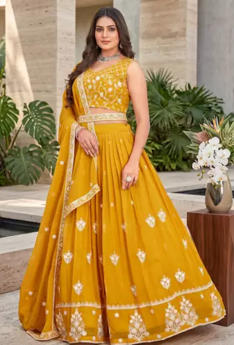 yellow sequins and thread embroidered georgette lehenga Choli