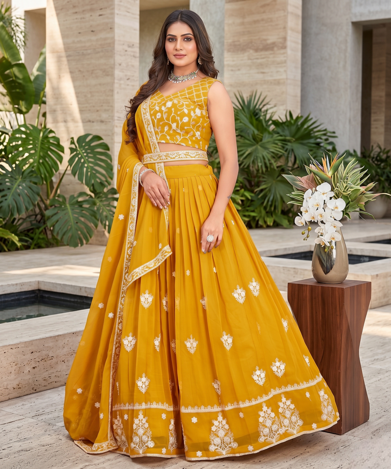 yellow sequins and thread embroidered georgette lehenga Choli
