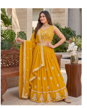yellow sequins thread embroidered georgette lehenga choli 2