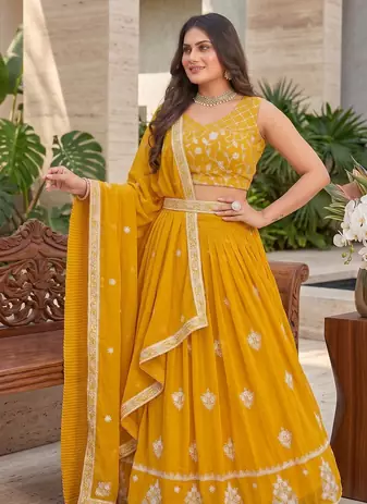 yellow sequins and thread embroidered georgette lehenga Choli