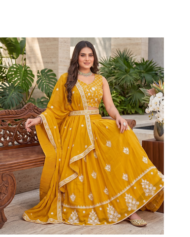 yellow sequins thread embroidered georgette lehenga choli 3
