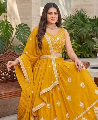 yellow sequins and thread embroidered georgette lehenga Choli