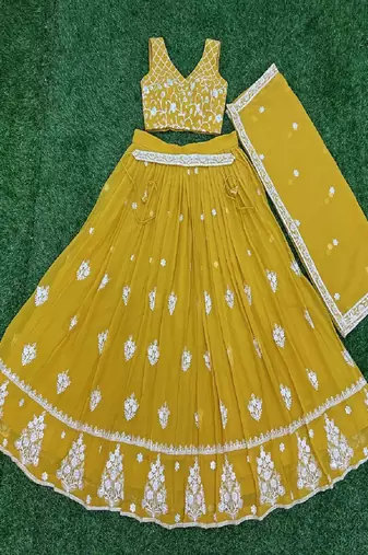 yellow sequins and thread embroidered georgette lehenga Choli