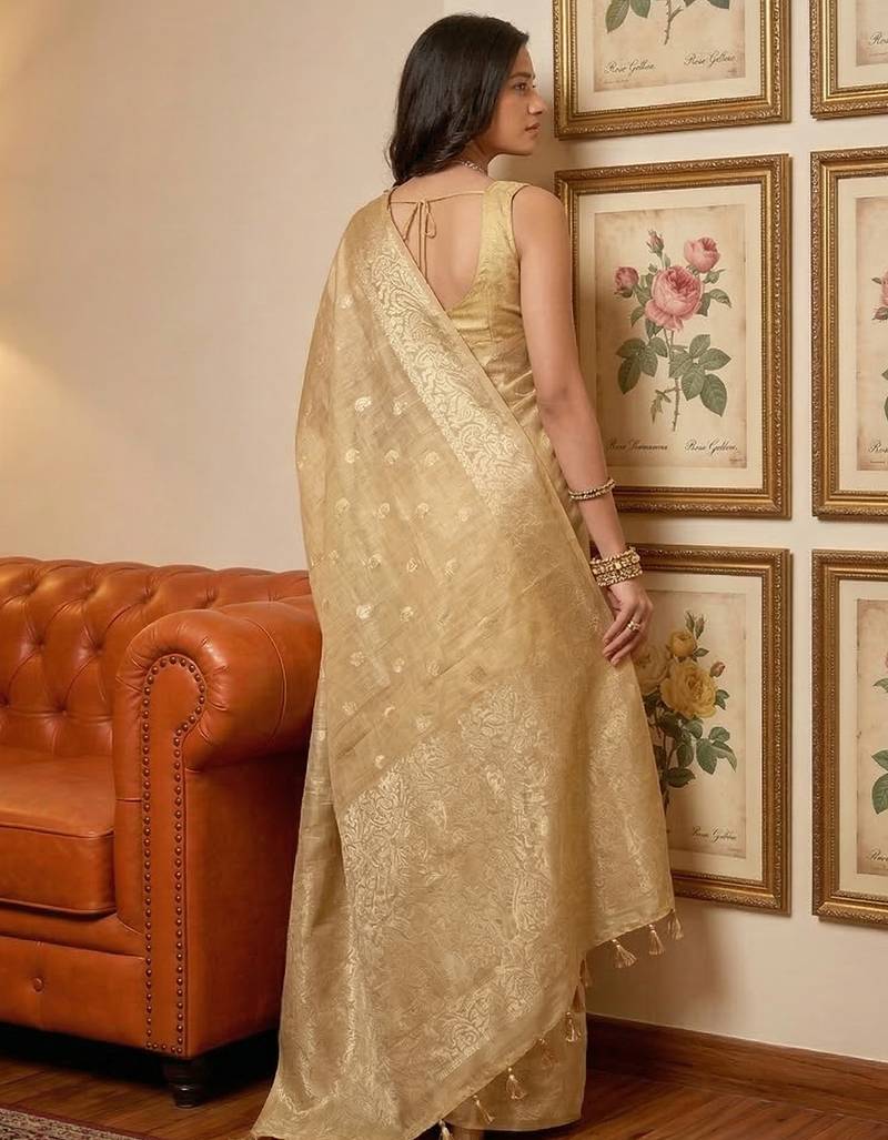 Cream woven tissue silk saree with blouse