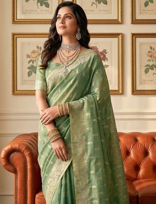Green woven tissue silk saree with blouse 3
