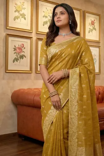 Mustard woven tissue silk saree with blouse