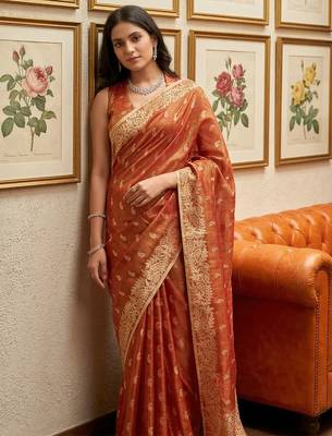 Orange woven tissue silk saree with blouse 2