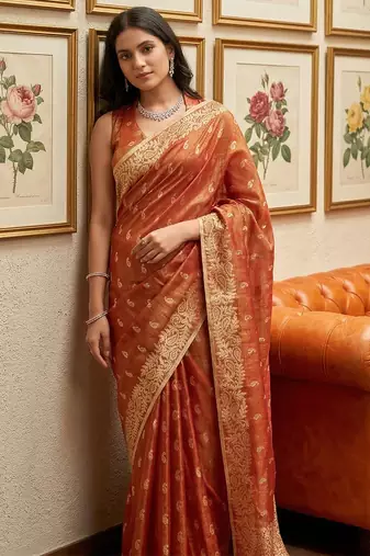 Orange woven tissue silk saree with blouse