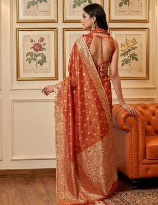 Orange woven tissue silk saree with blouse 4