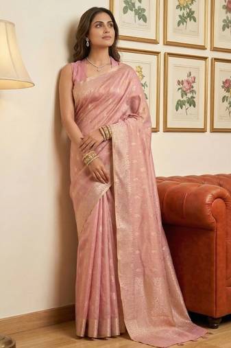 Pink woven tissue silk saree with blouse