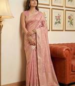 Pink woven tissue silk saree with blouse
