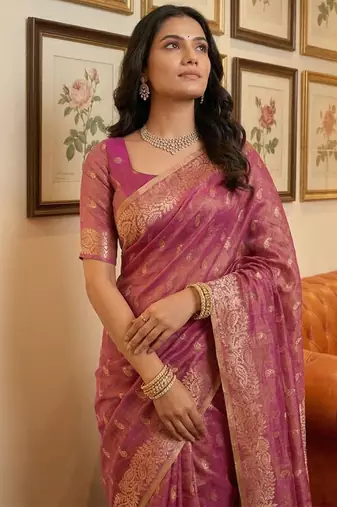 Rani pink woven tissue silk saree with blouse