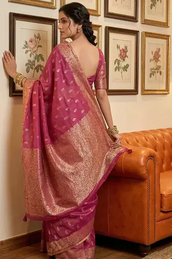 Rani pink woven tissue silk saree with blouse