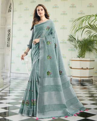 Blue linen embroidery saree with blouse 1