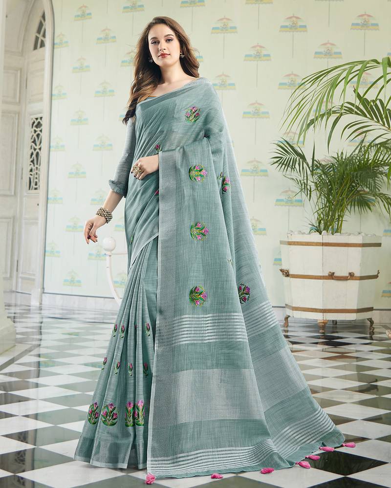Blue linen embroidery saree with blouse