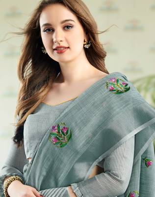 Blue linen embroidery saree with blouse 2