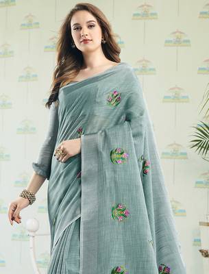 Blue linen embroidery saree with blouse 3