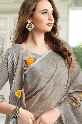 Grey linen embroidery saree with blouse