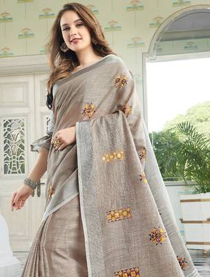 Grey linen embroidery saree with blouse 3