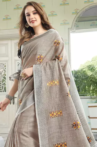 Grey linen embroidery saree with blouse