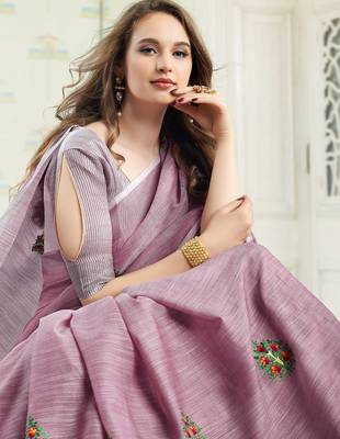 Lavender linen embroidery saree with blouse 2