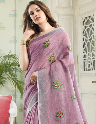 Lavender linen embroidery saree with blouse 3