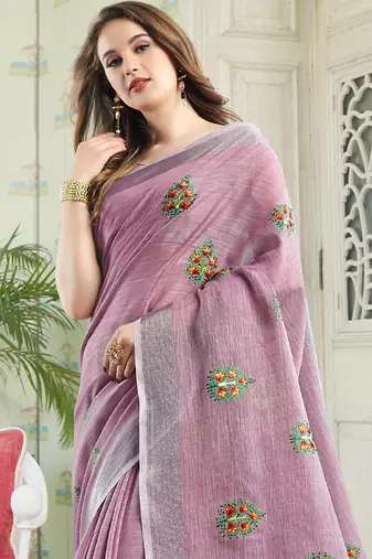 Lavender linen embroidery saree with blouse