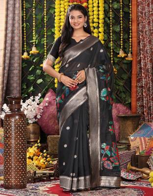 Black linen cotton woven saree with blouse 1