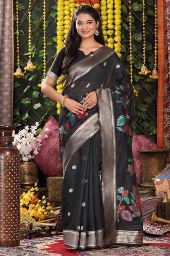 Black linen cotton woven saree with blouse
