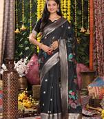 Black linen cotton woven saree with blouse
