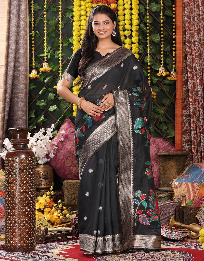Black linen cotton woven saree with blouse