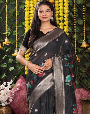 Black linen cotton woven saree with blouse 2