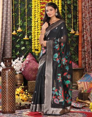 Black linen cotton woven saree with blouse 3