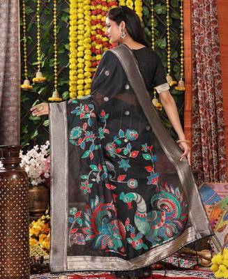 Black linen cotton woven saree with blouse 4