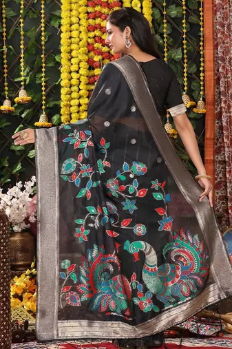Black linen cotton woven saree with blouse