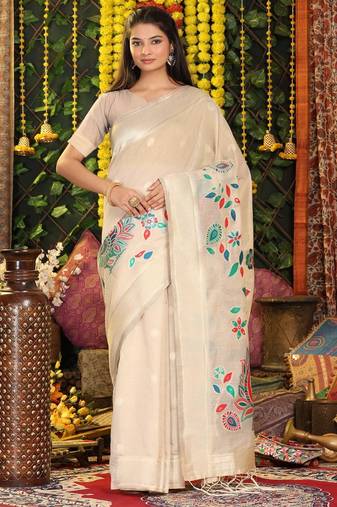 Cream linen cotton woven saree with blouse