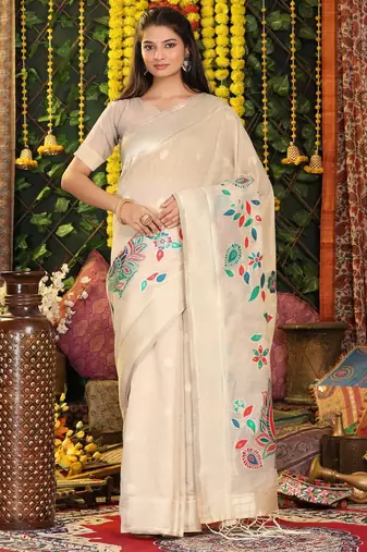 Cream linen cotton woven saree with blouse