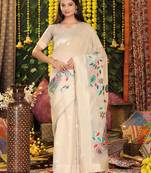 Cream linen cotton woven saree with blouse
