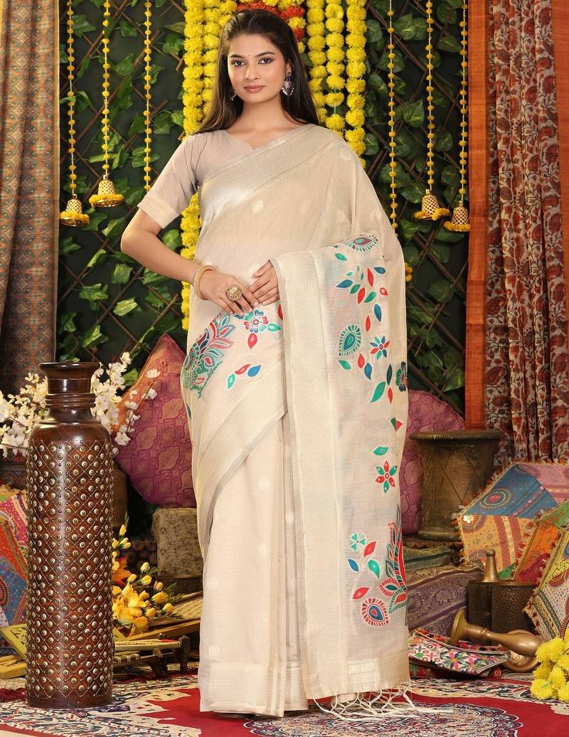 Cream linen cotton woven saree with blouse