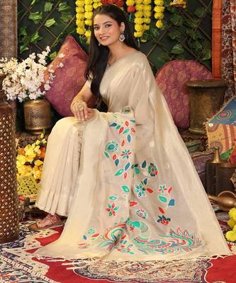 Cream linen cotton woven saree with blouse 3